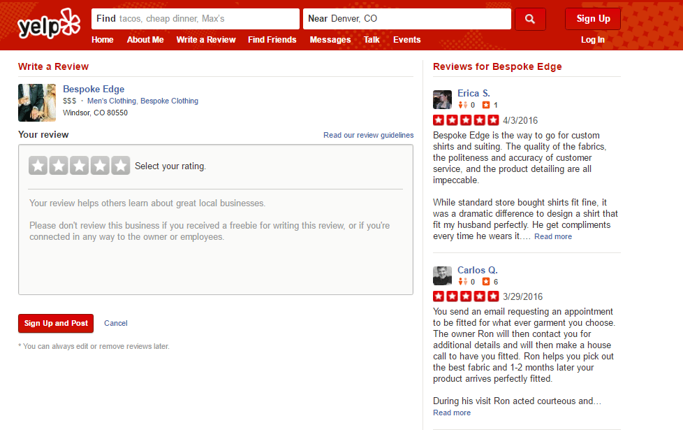 yelp writing
