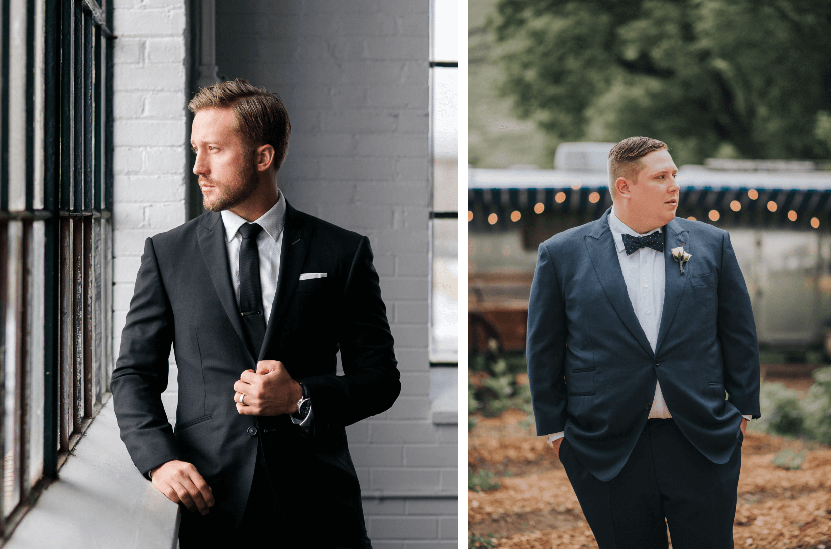 Examples of black suits, one dark black, one lighter black.