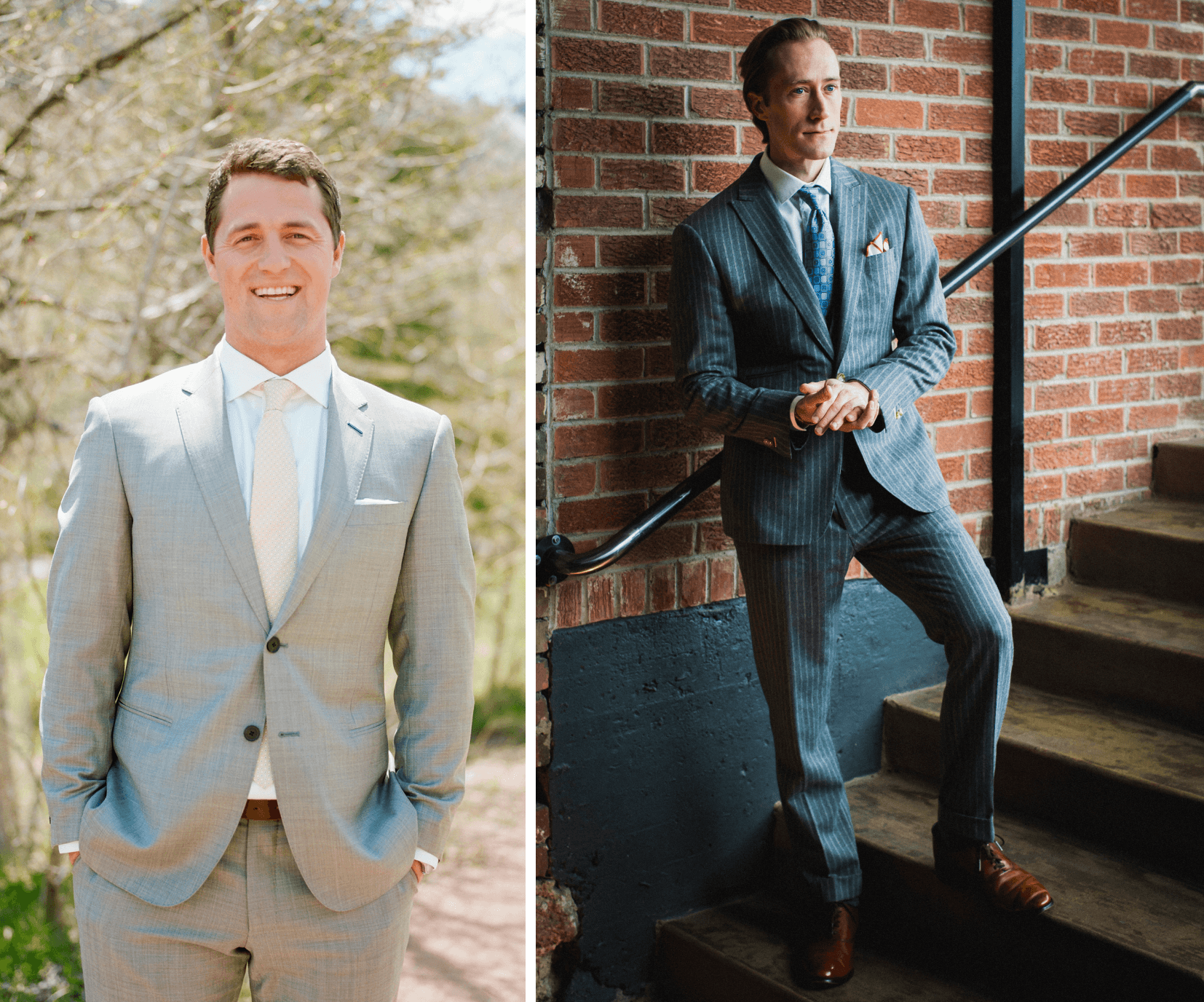 Examples of gray suits. One striped gray, one light gray for a wedding