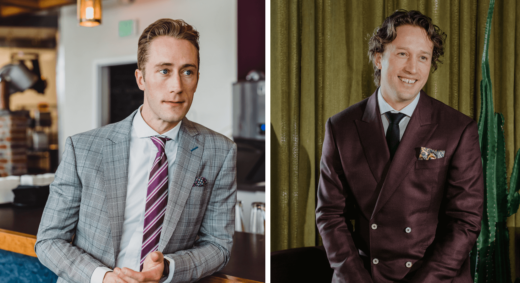 Examples of a statement suit. Patterned gray and burgundy