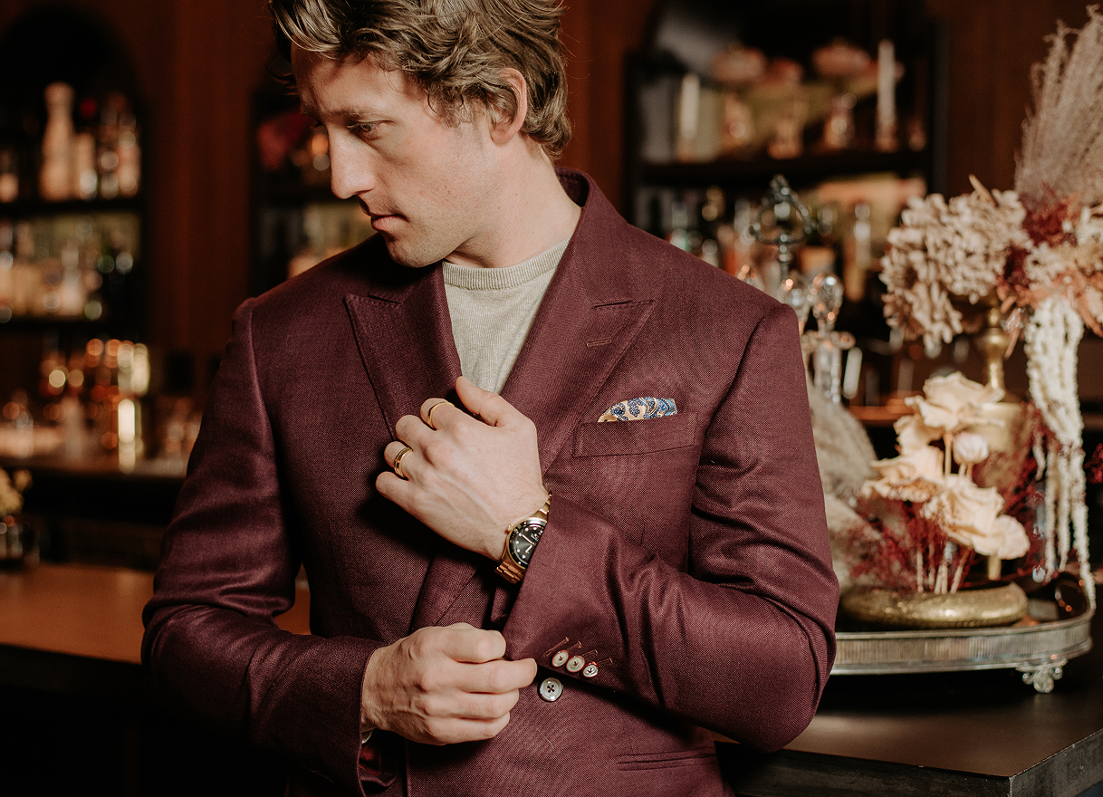 Burgundy peaked lapel suit
