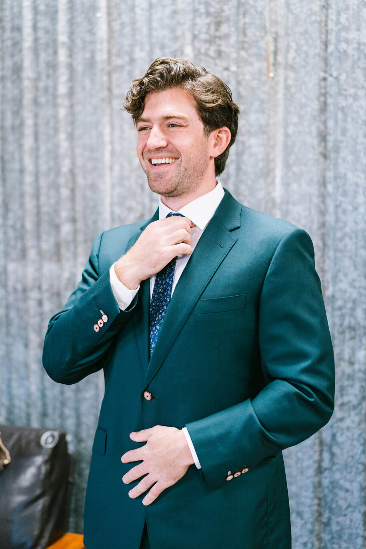 Green wedding suit and white shirt